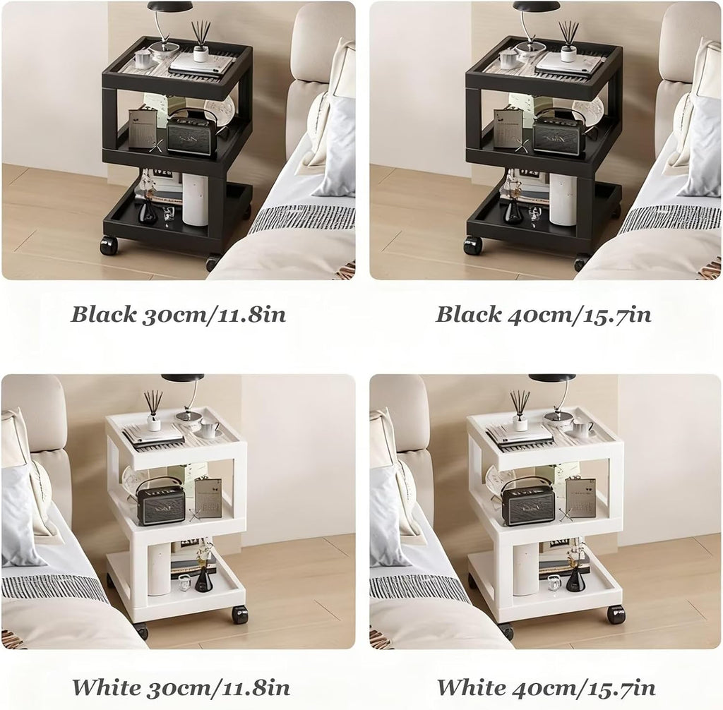 Bedroom Nightstand Cart Mobile Multi-Function Shelf with Lockable Casters, Storage Cart with Wooden Frame for Kitchen Living Room, S-Shaped End Table Bedside Table, Black 11.8x11.8x22in