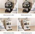 Bedroom Nightstand Cart Mobile Multi-Function Shelf with Lockable Casters, Storage Cart with Wooden Frame for Kitchen Living Room, S-Shaped End Table Bedside Table, Black 11.8x11.8x22in
