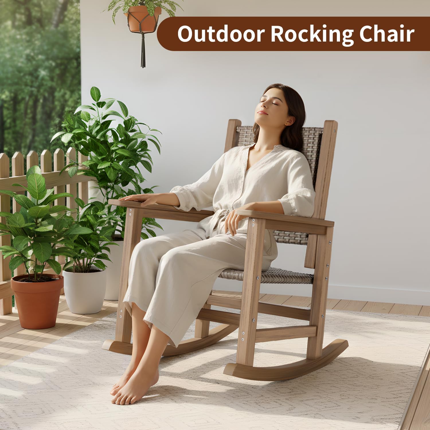 HDPE Outdoor Rocking Chair Set of 2, Wicker Patio Rocking Chair for Adult, All Weather Rocking Chair Outdoor for Porch, Garden, Lawn, and Balcony (Brown)
