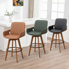 Swivel Counter Stool Set of 1 with Walnut Finish and Bamboo Legs, 26.3 Inch Counter Height Mid-Century Counter Stool with Curved Back and Armrests, Faux Leather Seat, Kitchen Island Seating, Brown