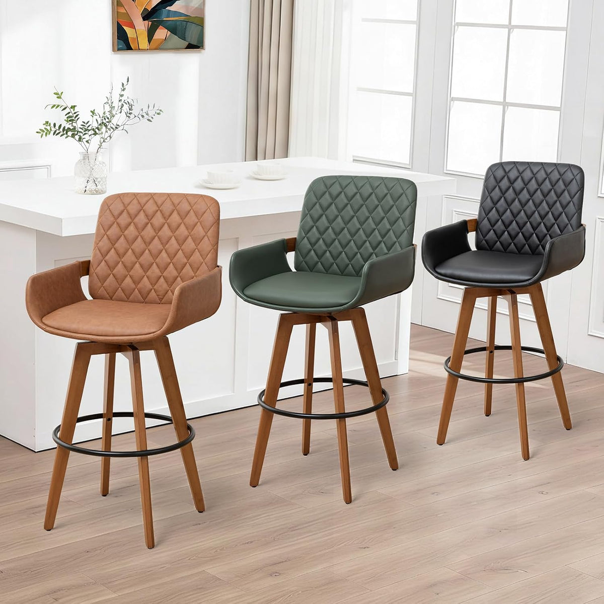 Swivel Counter Stool Set of 1 with Walnut Finish and Bamboo Legs, 26.3 Inch Counter Height Mid-Century Counter Stool with Curved Back and Armrests, Faux Leather Seat, Kitchen Island Seating, Brown