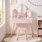 ROBOTIME Pink Kids Vanity Set with Butterfly Mirror Stool Age 3+, 39in×27in | Dress-up and makeup pretend play, butterfly mirror with stool and 2 drawers, builds confidence, birthday gift for age 3+