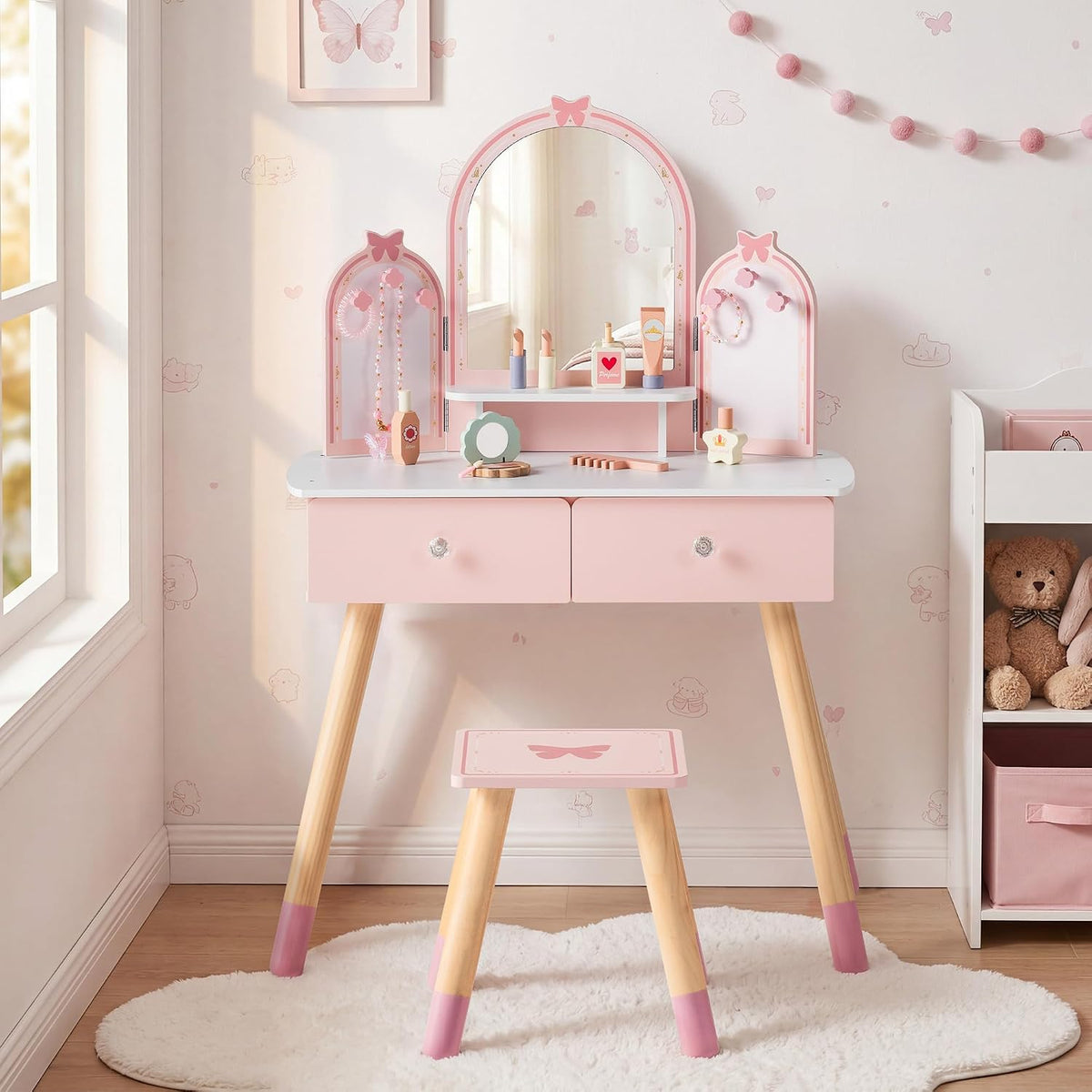 ROBOTIME Pink Kids Vanity Set with Butterfly Mirror Stool Age 3+, 39in×27in | Dress-up and makeup pretend play, butterfly mirror with stool and 2 drawers, builds confidence, birthday gift for age 3+