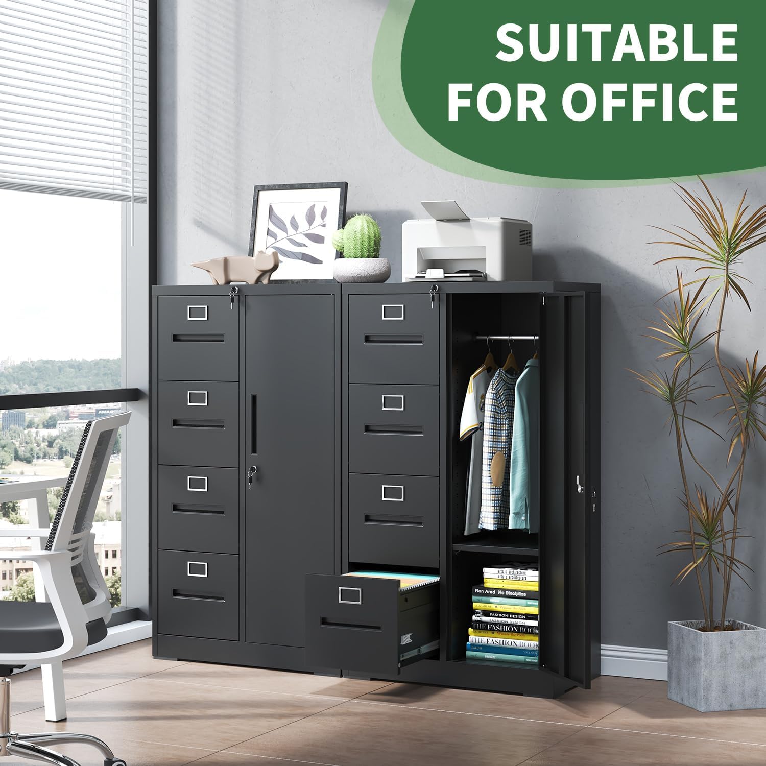 File Cabinet 4 Drawer, Vertical File Cabinet with Lock and 1 Door, File Cabinet with Storage Shelves for A4 Legal/Letter, Assembly Required (Black)