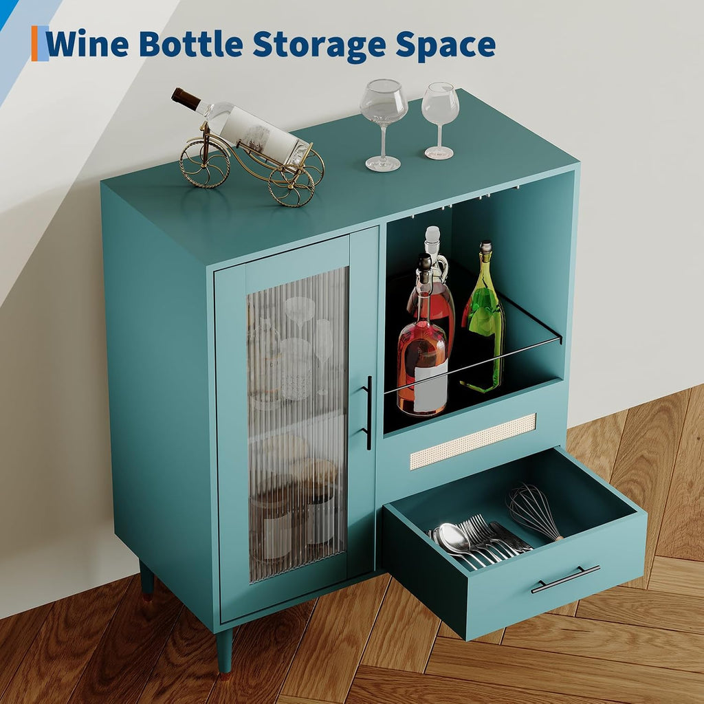 Modern Wine Bar Cabinet with Tempered Glass Door – Wine Rack, Drawers & Ample Storage – Freestanding Sideboard Buffet for Dining Room, Kitchen, or Coffee & Liquor Display – Green