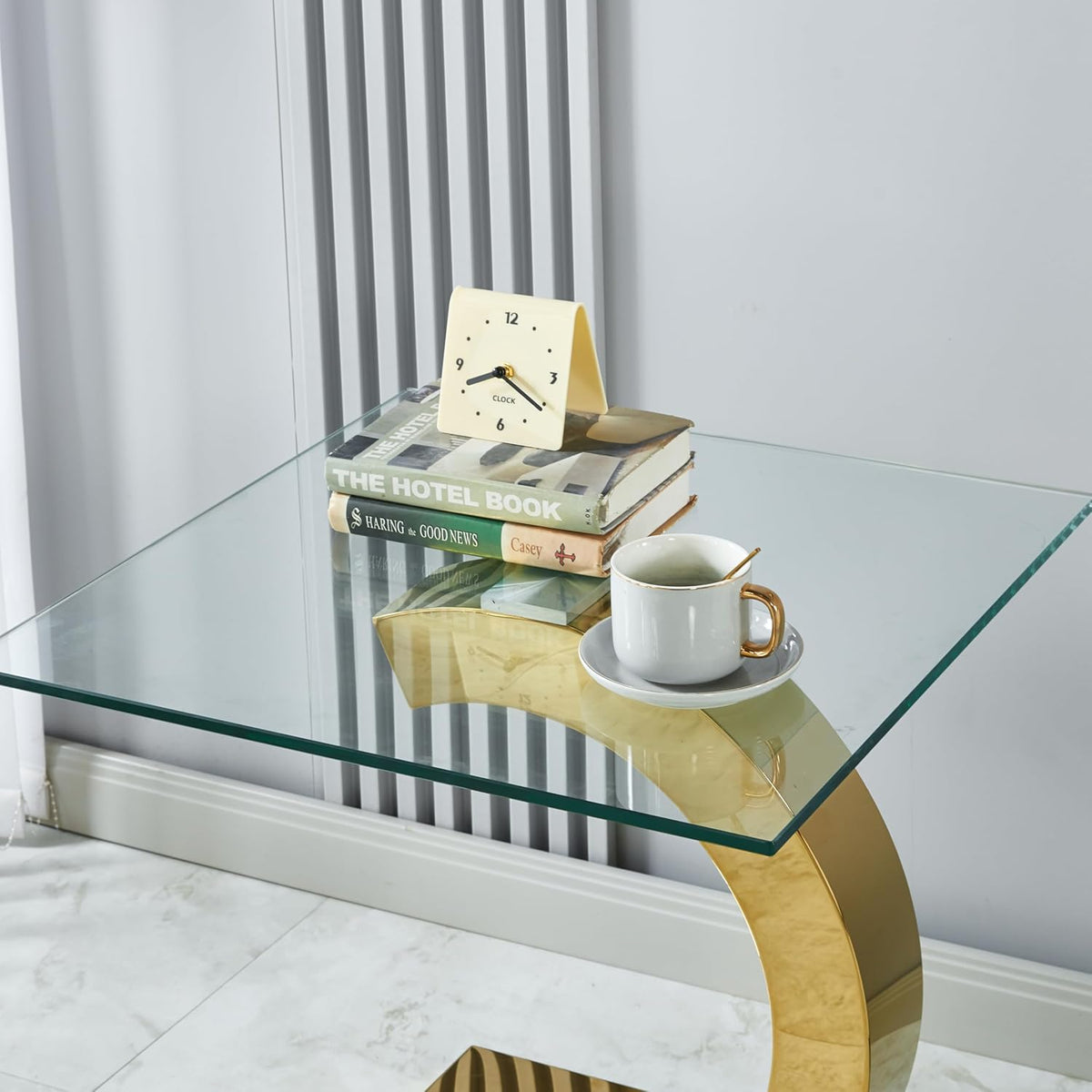 Henf Square Glass End Table Luxury Accent Sofa Side Table, Modern Glass End Tables Nightstand with Tempered Glass Top and Gold Mirrored Stainless Steel Base for Living Room Bedroom