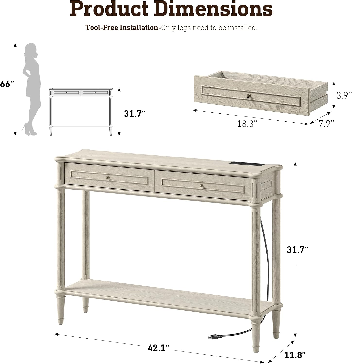 Solid Wood Console Table for Entryway with Charging Station,Retro Entryway Table with 2 Drawers-Easiest Assembly,Sofa Table with Bottom Shelf,Narrow Long Couch Table Behind Sofa for Living Room,Foyer