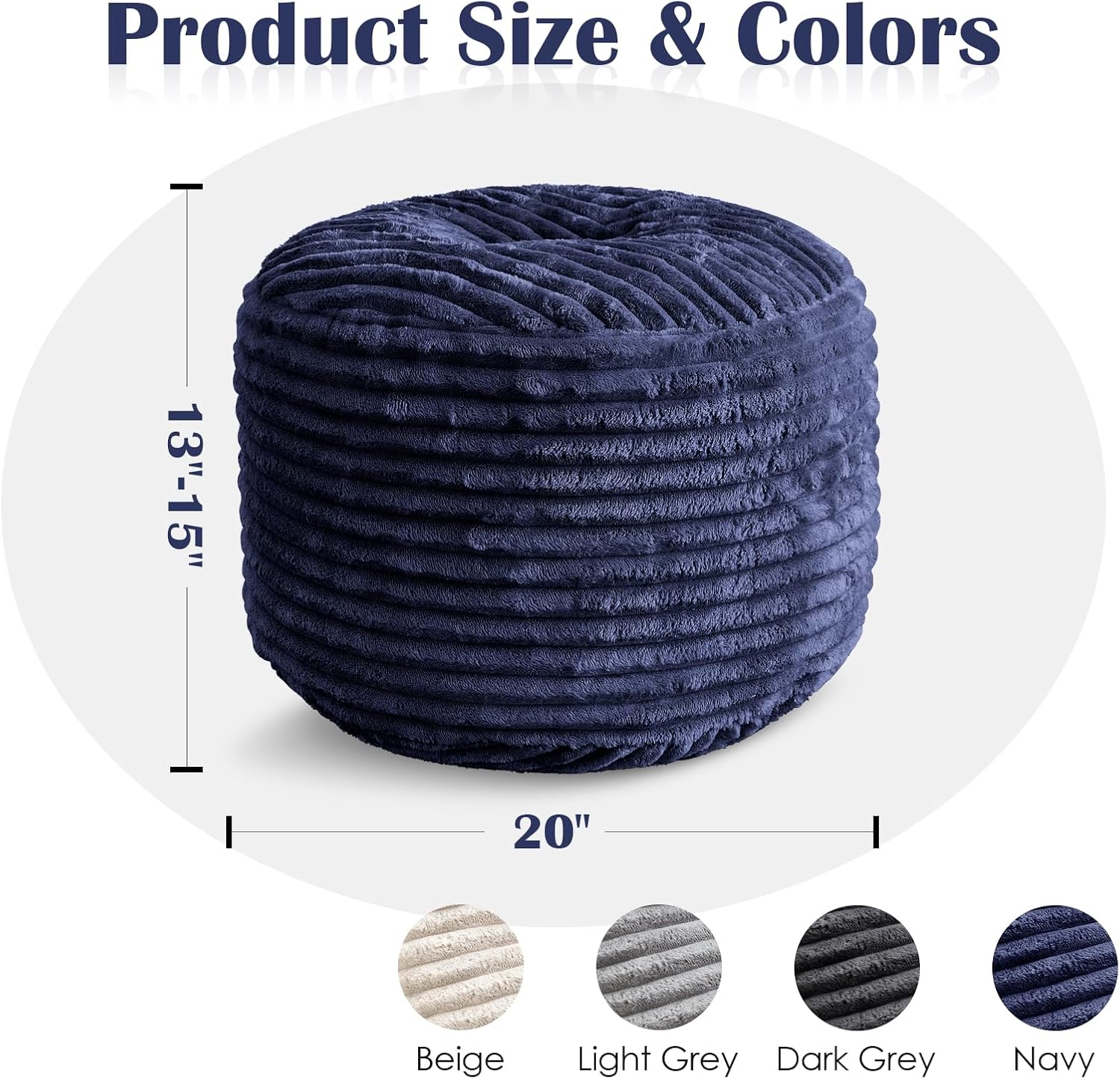 SHOUREN Stuffed Round Ottoman,Pouf Ottoman Foot Rest,20 X 15 in,Navy | Corduroy Cover,Memory Foam Filler,Pouf Storage Ottoman Footstool for Living Room,20 X 15 Floor Poufs for Couch,Footrest Only