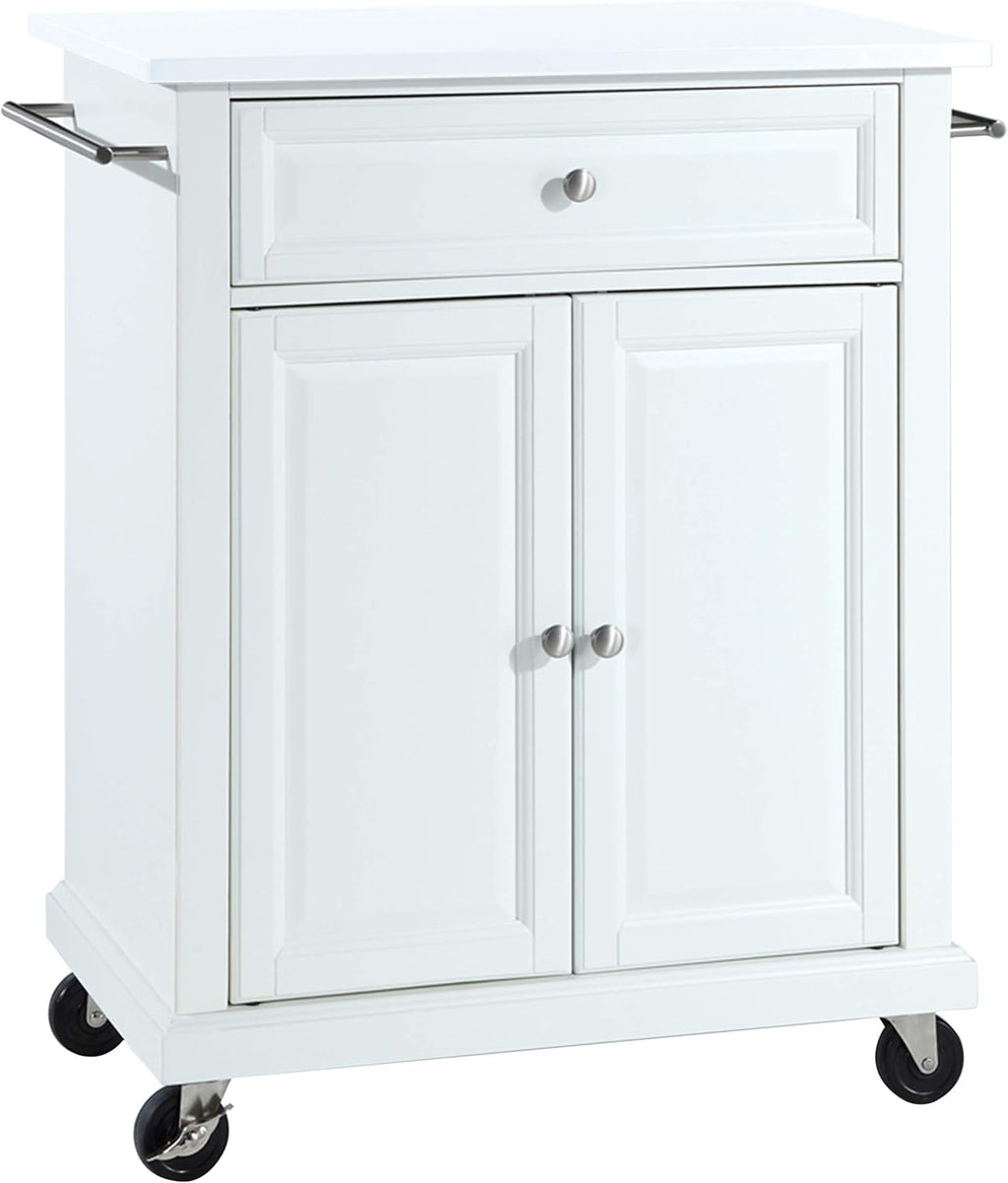 Crosley Furniture Compact Stone Top Small Rolling Cart with Shelves, Microwave Stand with Towel Rack, White