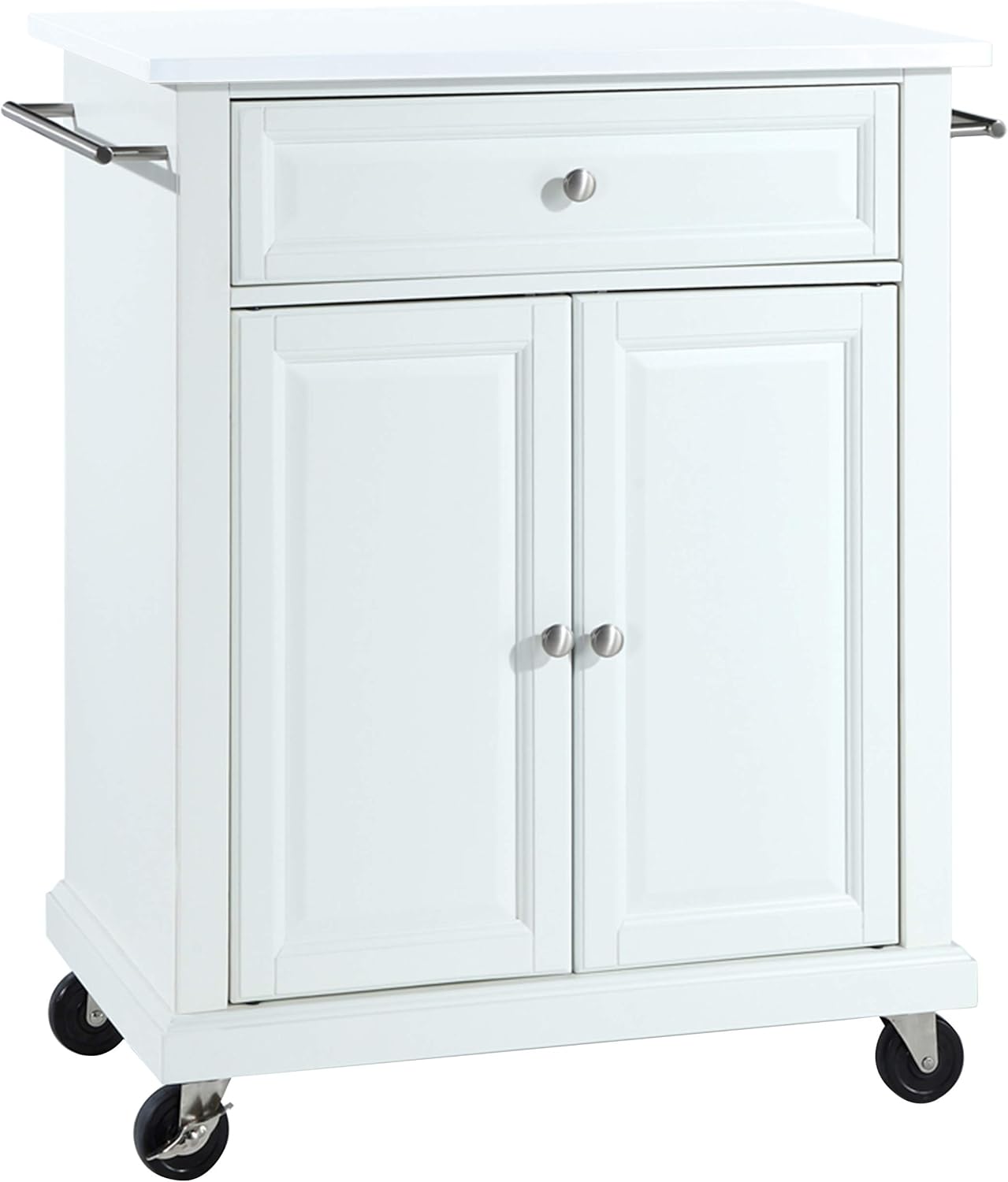 Crosley Furniture Compact Stone Top Small Rolling Cart with Shelves, Microwave Stand with Towel Rack, White
