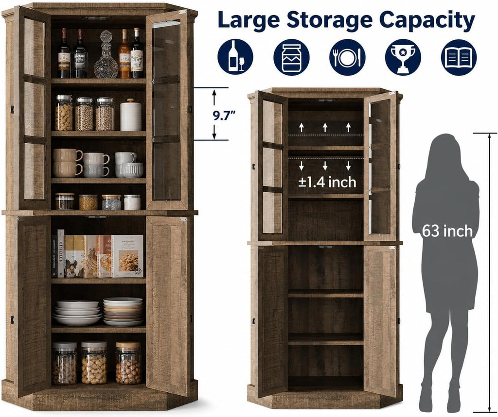 Betterhood Corner Cabinet, 67" Tall Kitchen Pantry Storage Cabinet with Glass Doors and Adjustable Shelves, Freestanding Food Pantry Farmhouse Furniture for Kitchen,Living Room, Rustic Brown