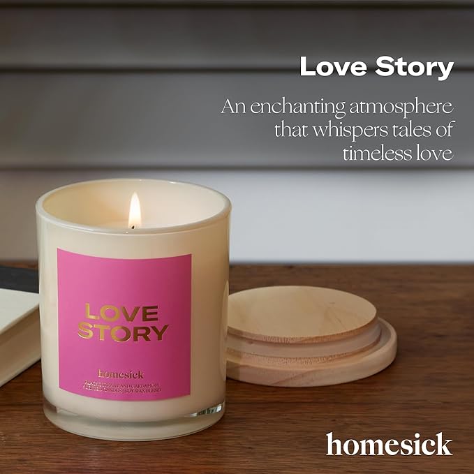 Homesick Scented Candles for Home (Love Story) - 7.5 oz Long-Lasting Natural Soy Wax Blend Jar Candle Gift for Women & Men for All Occasions, 30-35 Hours Burn Time - Notes of Blackcurrant & Cardamom