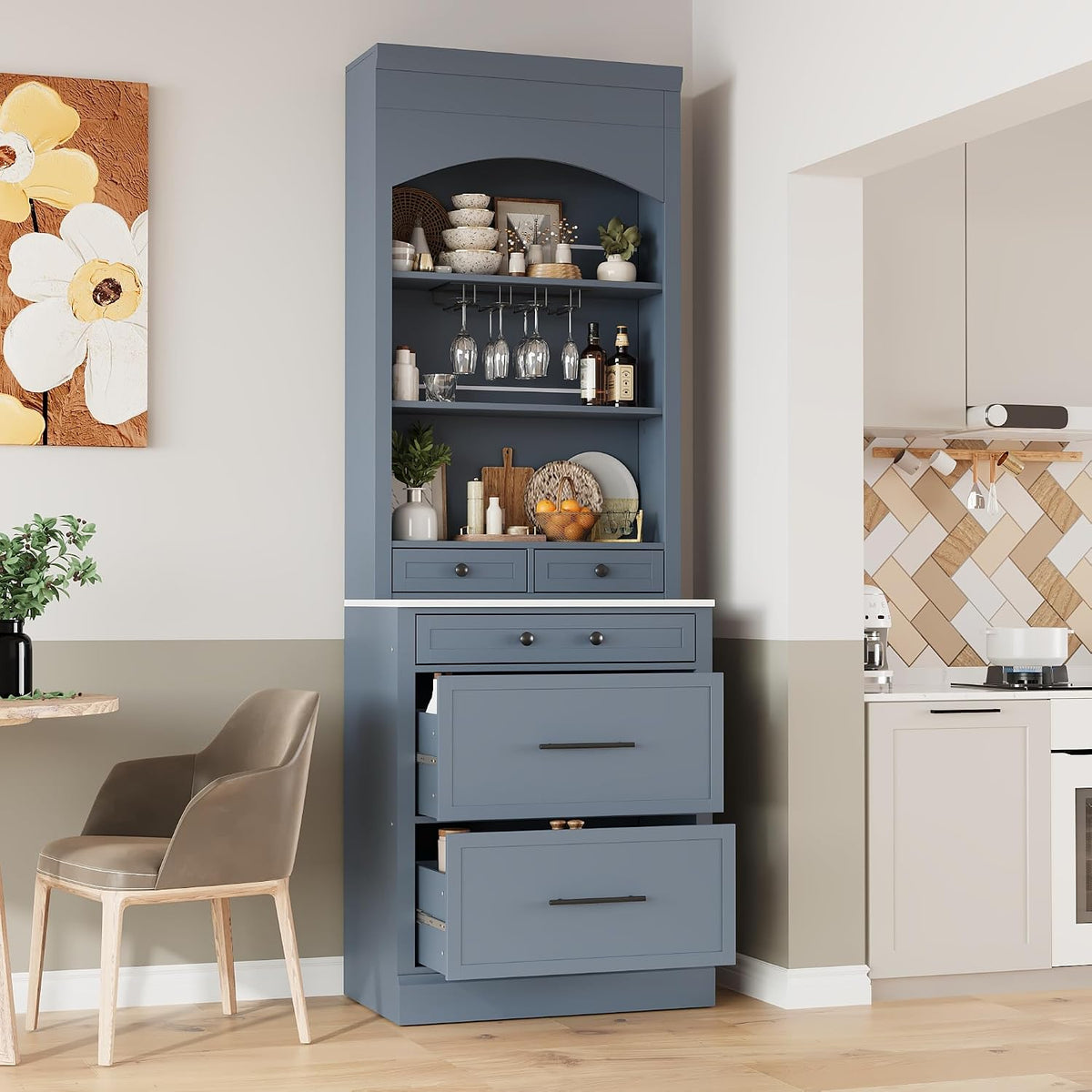 Modern 28.7x17.5x83.7 Inch Tall Kitchen Pantry Cabinet, Freestanding Hutch with Faux Marble Top, 5 Drawers & Adjustable Shelf, Glass Holders, Space-Saving Storage for Kitchen/Dining Room (1, Gray)