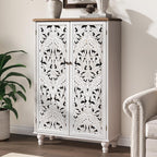 JOINICE 47" Tall Accent Cabinet with Carved Doors & Storage for Living Room | Vertical Storage, Carved Floral Design, Mandala White Buffet, Boho/Farmhouse/Rustic Style, Adjustable Shelves, Easy Assembly