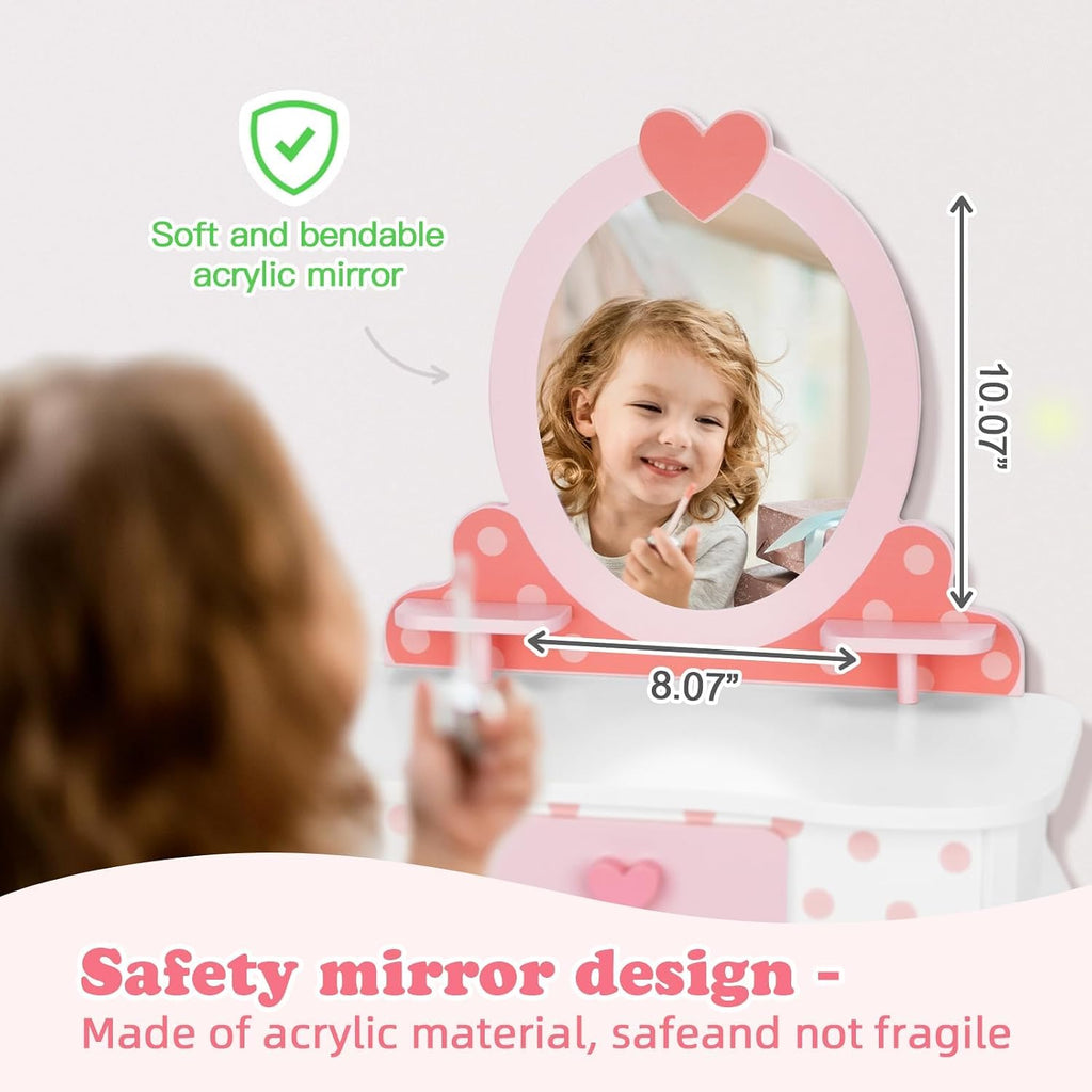 OOOK Kids Vanity Set with 15pcs Make-up Accessories, Pink Heart-Themed | FSC Safety, Toddler Vanity Table and Chair Set with Mirror and Drawer, Suitable for Girls Aged 3+