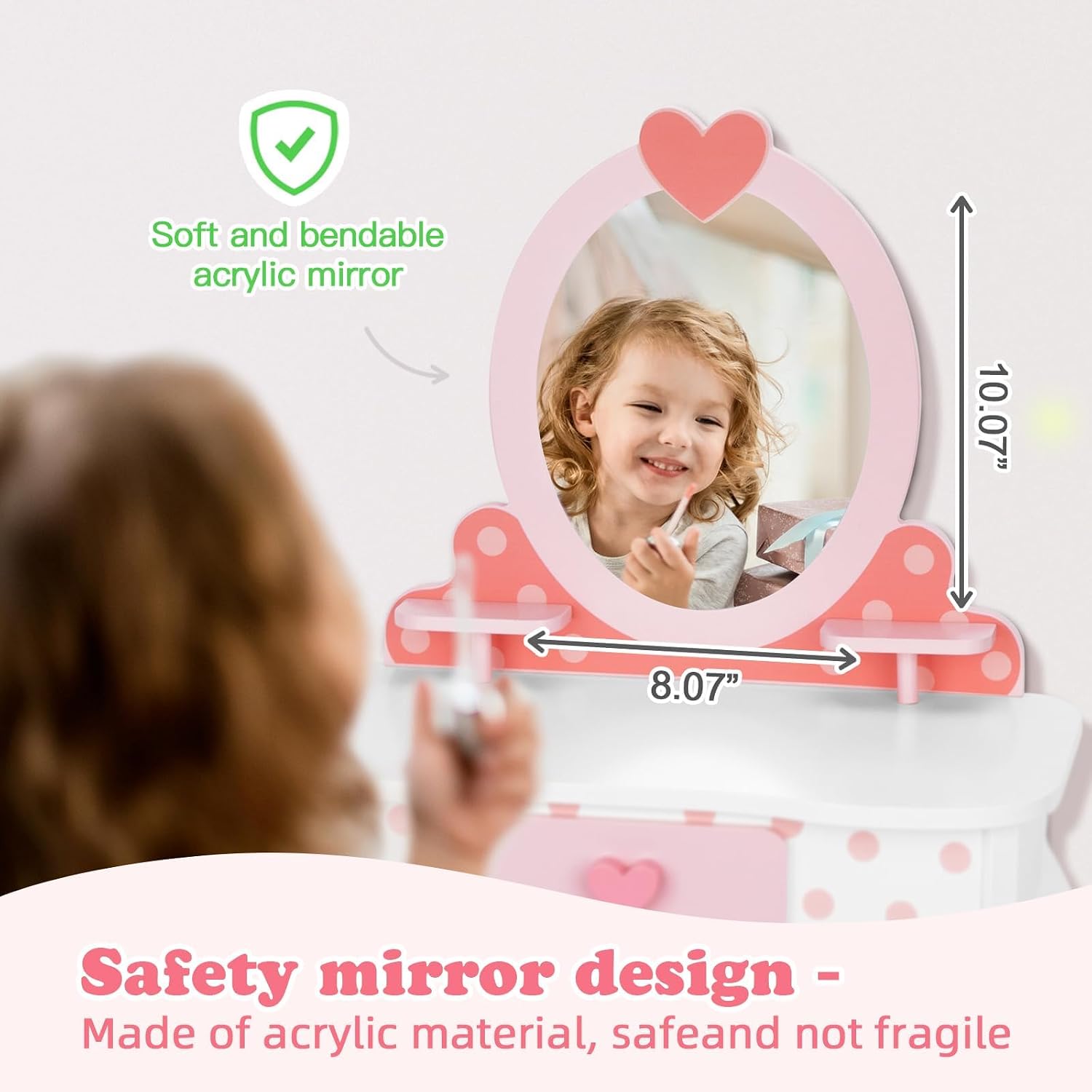 OOOK Kids Vanity Set with 15pcs Make-up Accessories, Pink Heart-Themed | FSC Safety, Toddler Vanity Table and Chair Set with Mirror and Drawer, Suitable for Girls Aged 3+