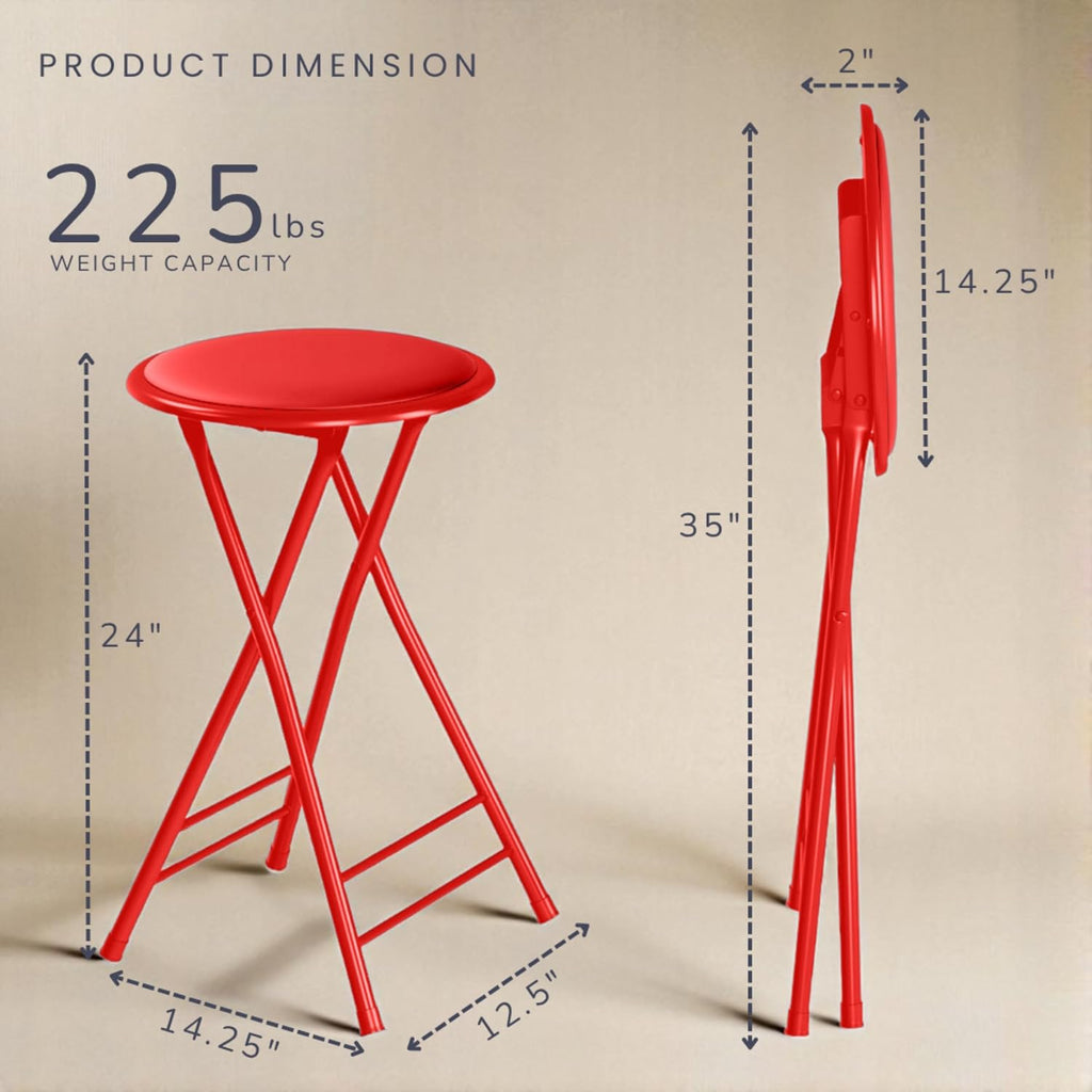 Lavish Home Folding Stool - Set of 2 Counter Height Bar Stools – 24-Inch Backless Folding Chairs with 225lb Capacity for Kitchen, Rec Room, or Game Room (Red)