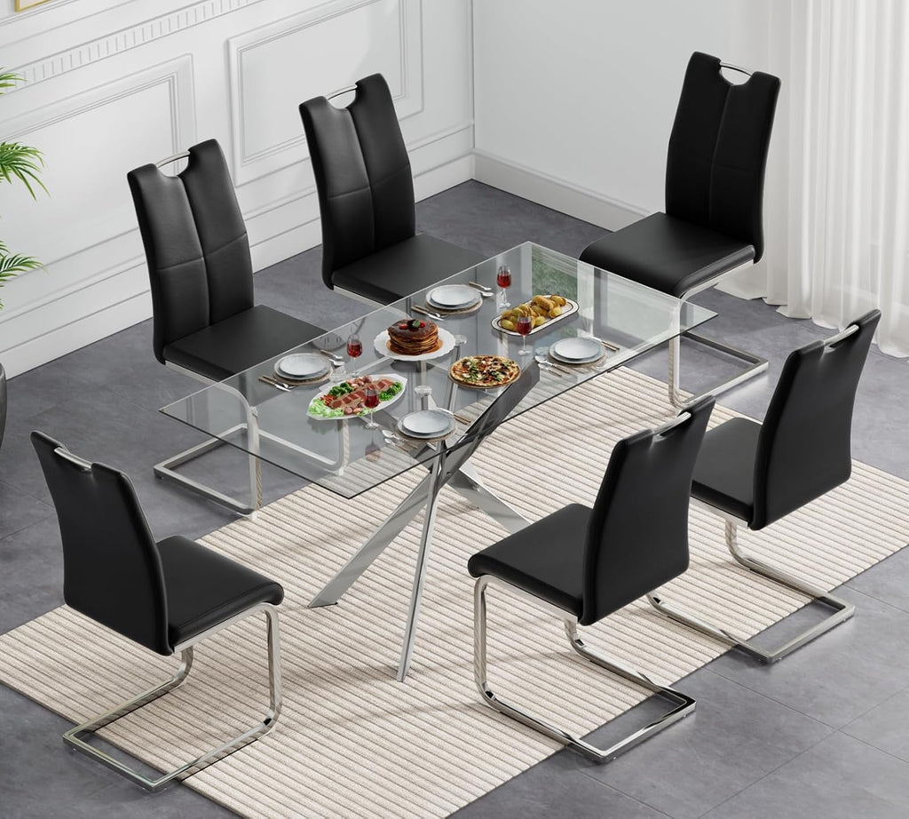 Modern Glass Dining Table Set for 6, Glass Silver Kitchen Table and Chairs Set, 7 Piece Dining Room Table Set with 51" Rectangle Dinner Table and 6 Black Leather Dining Chairs