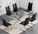 Modern Glass Dining Table Set for 6, Glass Silver Kitchen Table and Chairs Set, 7 Piece Dining Room Table Set with 51" Rectangle Dinner Table and 6 Black Leather Dining Chairs