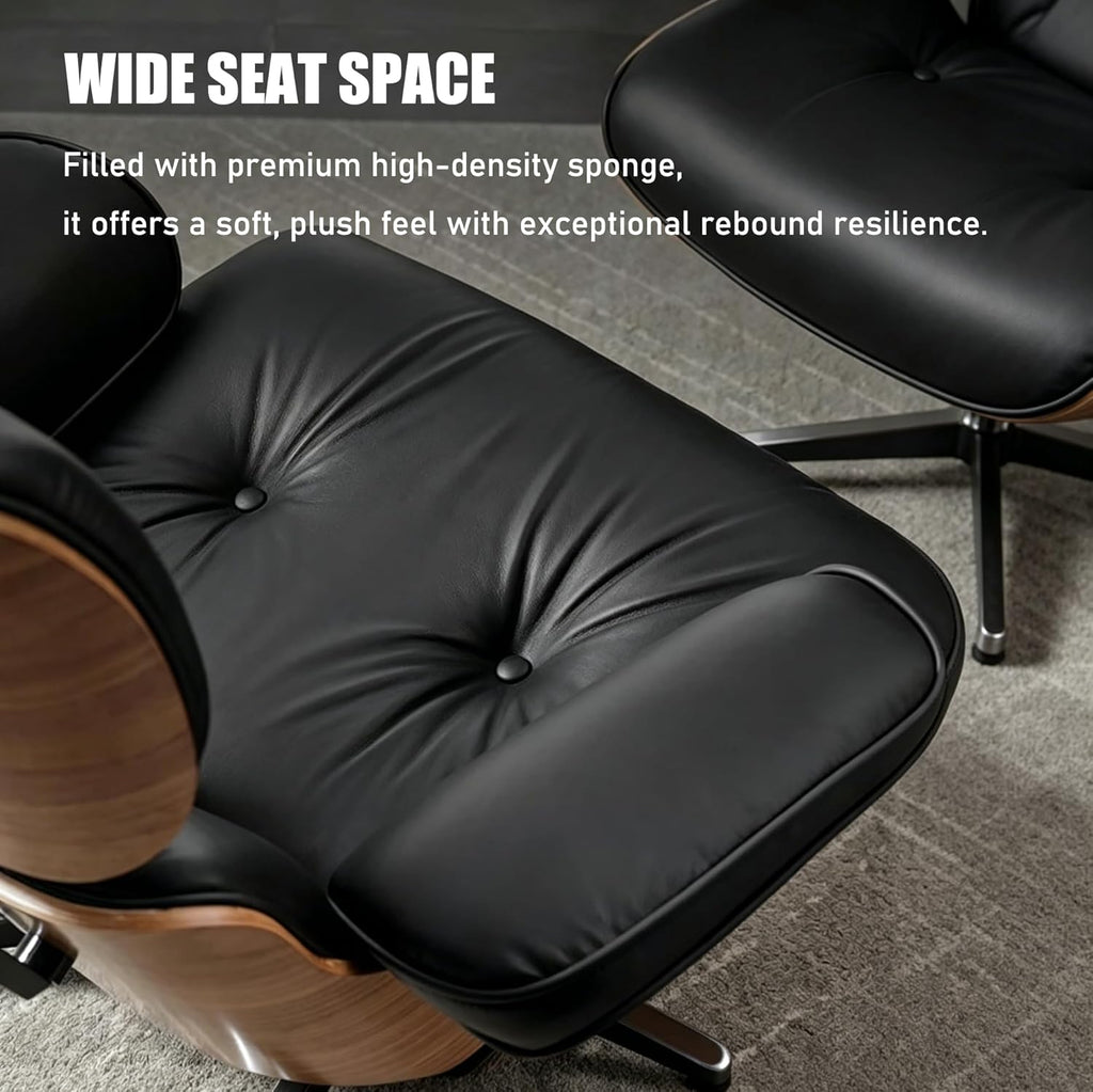 Mid Century Chaise Lounge Chair with Ottoman, Modern Retro Classic Design, PU Leather & Walnut Wood, Heavy Duty Metal Support, Comfortable for Living Room Bedroom Office（Black-Standard）