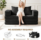 Loveseat Sofa Bed,Small Couch Bed Futon Sleeper Sofa,Convertible Pull Out Couch with Removable Armrests Backrest,Corduroy Folding Floor Couch for Living Room,Small Space,Black