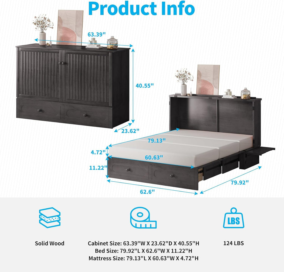Mjkone Queen Murphy Bed Cabinet with Tri-fold Mattress, Cabinet Bed with Built-in Charging Station, Storage Drawer, Solid Wood Cabinets Bed, Cube Murphy Chest Beds for Guest Room, Home, Office, Grey