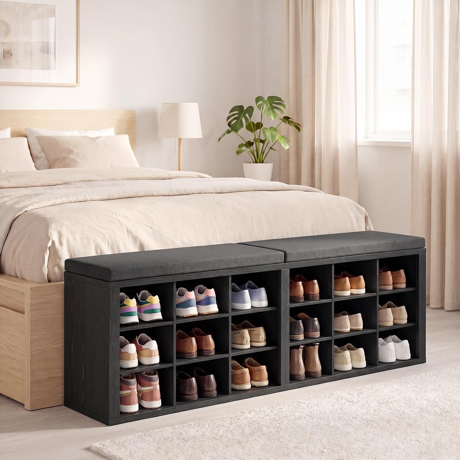 AMONIDA Shoe Storage Bench with Cushion, Entryway Bench with Shoe Storage,18 Cubby Shoe Bench with Removable Dividers, Shoe Organizer Bench for Entryway, Living Room, Light Grey (18, Black)