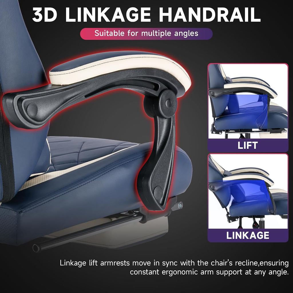 Gaming Chair with Footrest and Massage Lumbar Support, Ergonomic Computer Gamer Chair, Office Video Game Chairs (Blue)