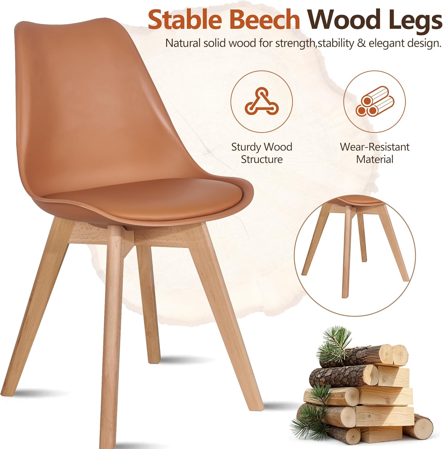 VECELO Dining Chairs Set of 4, Mid-Century Modern Kitchen & Dining Room Chairs, PU Leather Upholstered Seat, Solid Wood Legs, Armless, Non-Slip Feet, Orange