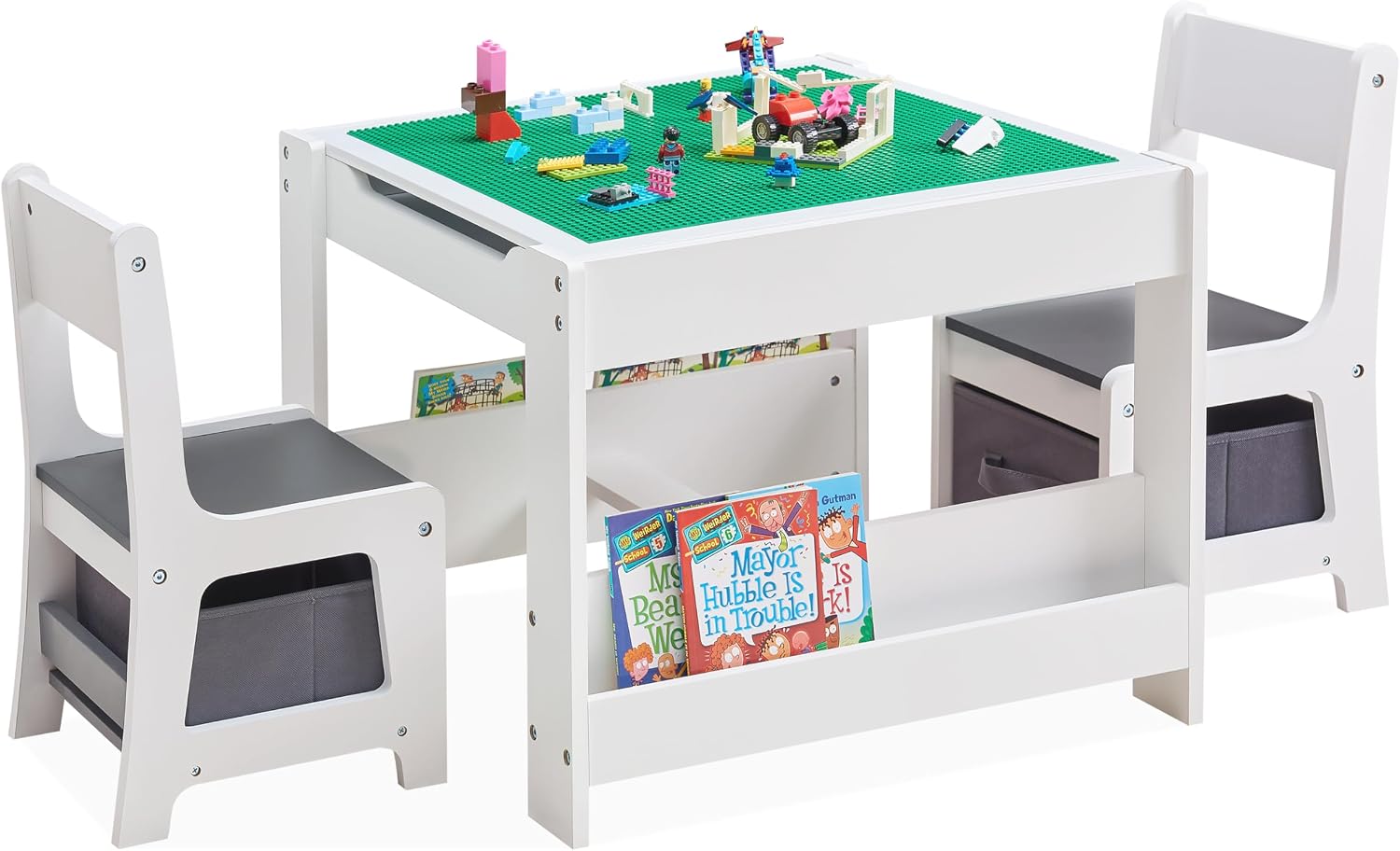 GABHX Kids Table and Chair Set, 3 in 1 Wooden Activity Table with Bookshelves and Storage Drawer, 2 in 1 Detachable Tabletop Construction Play Table Set for Drawing, Reading