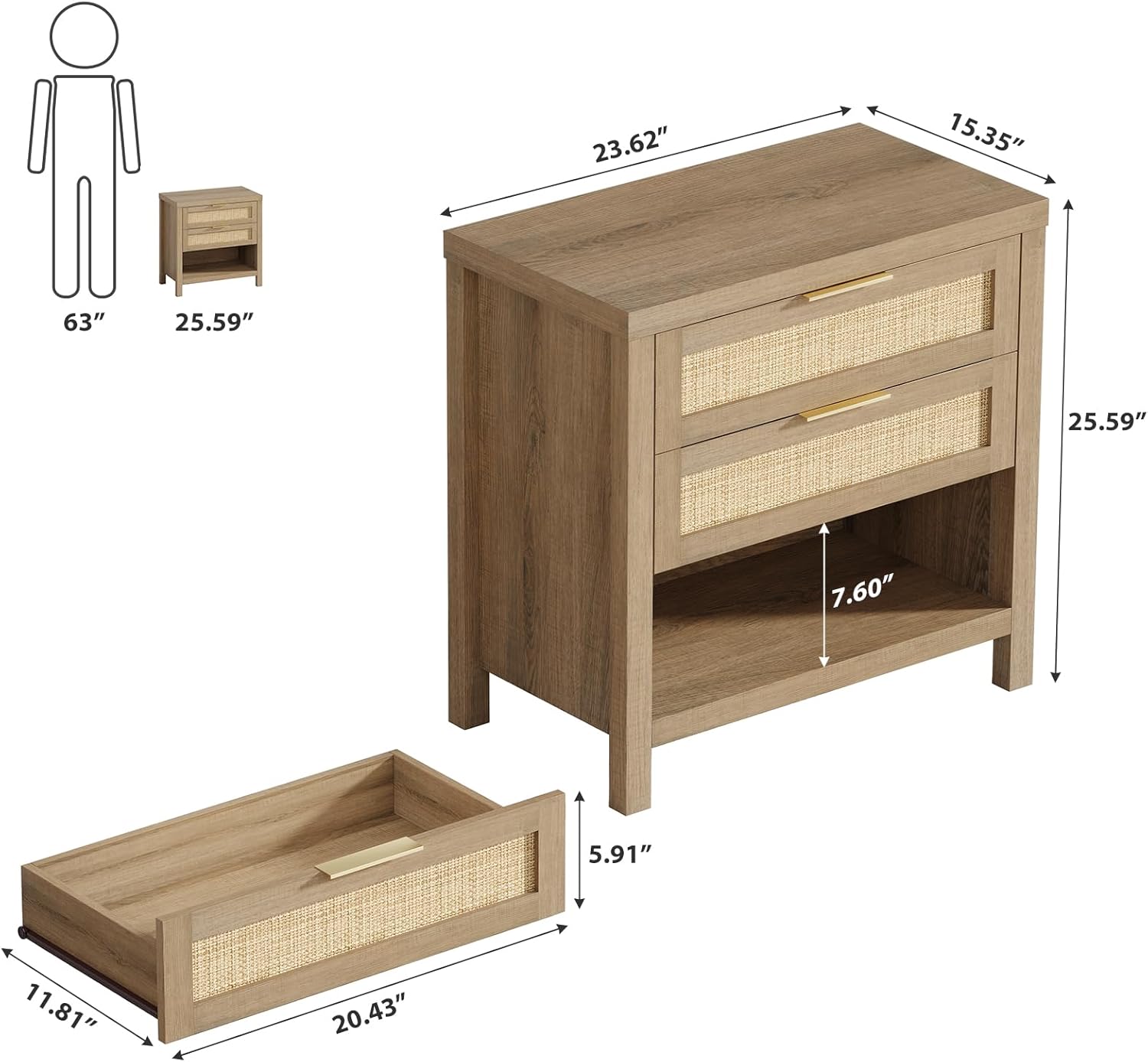 Eclatara Rattan Nightstands Set of 2 with 2 Drawers and Storage Shelf | Rattan Boho Farmhouse Bedside Table Accent Night Stands for Bedroom Large Space Sofa (2, Reclaimed Caramel Oak)
