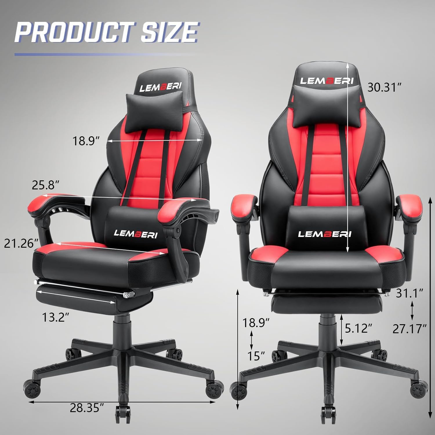 LEMBERI Big and Tall Gaming Chair, 400lb Capacity, Red | Heavy-duty steel frame, wide seat & high back, PU leather, reinforced footrest, linkage armrests for PC desk & office
