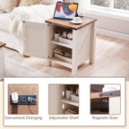 OKD Farmhouse Nightstand Set of 2 with Charging Station, 18 Inch Rustic End Table with Barn Door Cabinet, Adjustable Storage Shelf, Wood Sofa Side Table for Living Room, Bedroom, Antique White