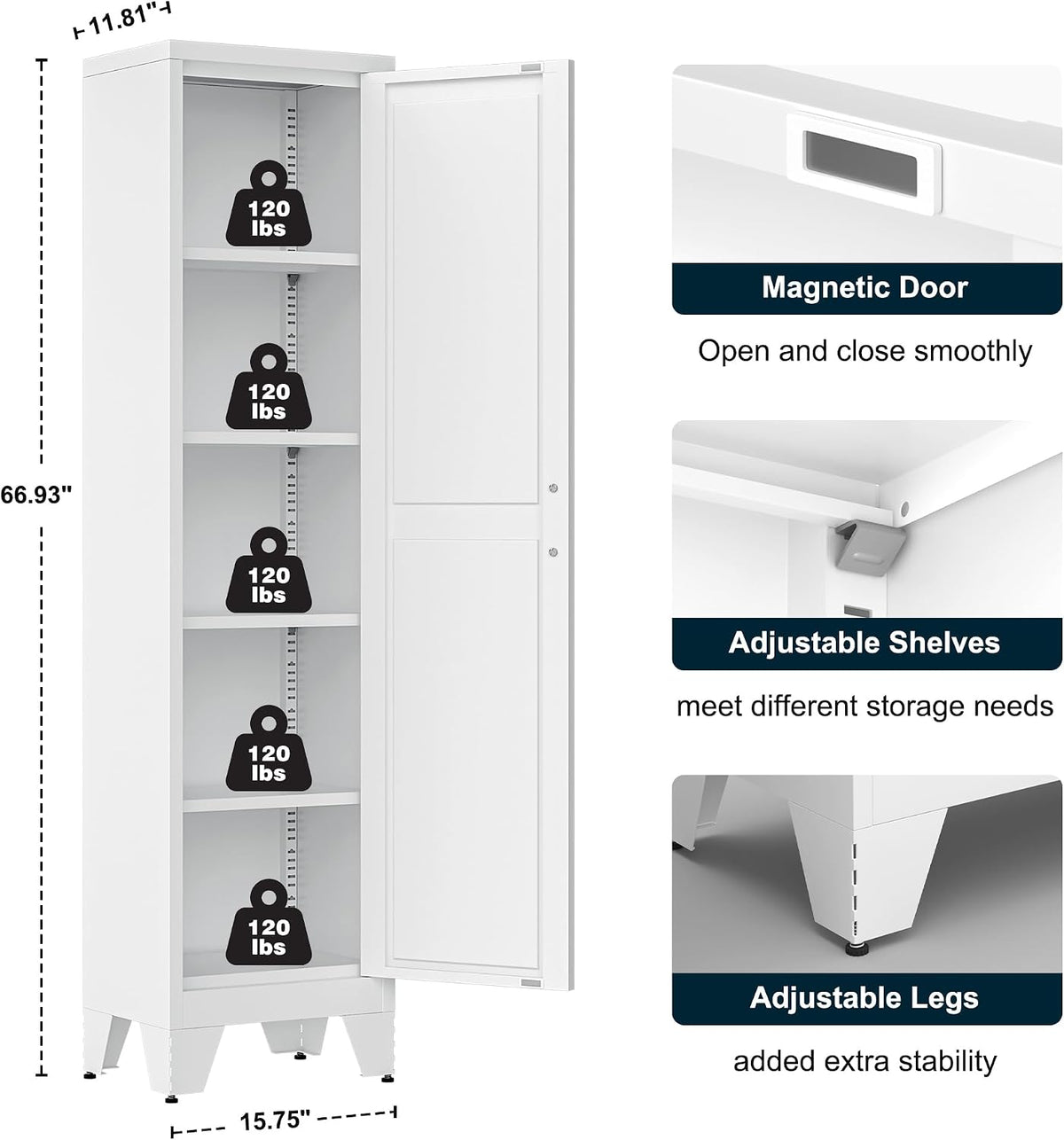 LCAOPC 67" Tall Narrow Bathroom Metal Storage Cabinet with 4 Adjustable Shelves, Freestanding 5 Tier Slim Pantry Storage Cabinet for Small Space, White