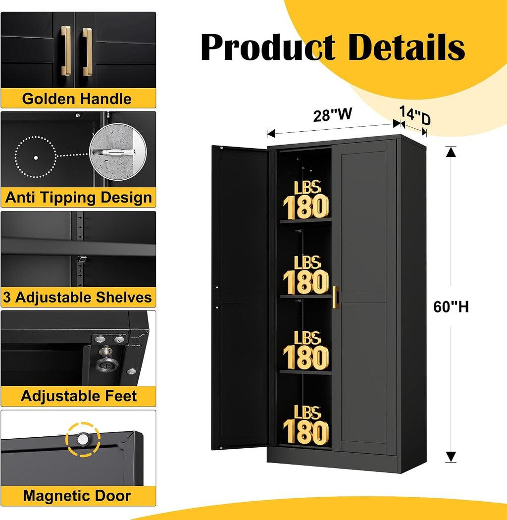 Steeloong 60"Metal Pantry Storage Cabinet with Doors & 4 Adjustable Shelves | Kitchen Pantry Cabinet,Black Kitchen Cabinet with 2 Gold Handles,Tall Cabinet for Livingroom,Pantry, Bathroom,Kitchen,Garage