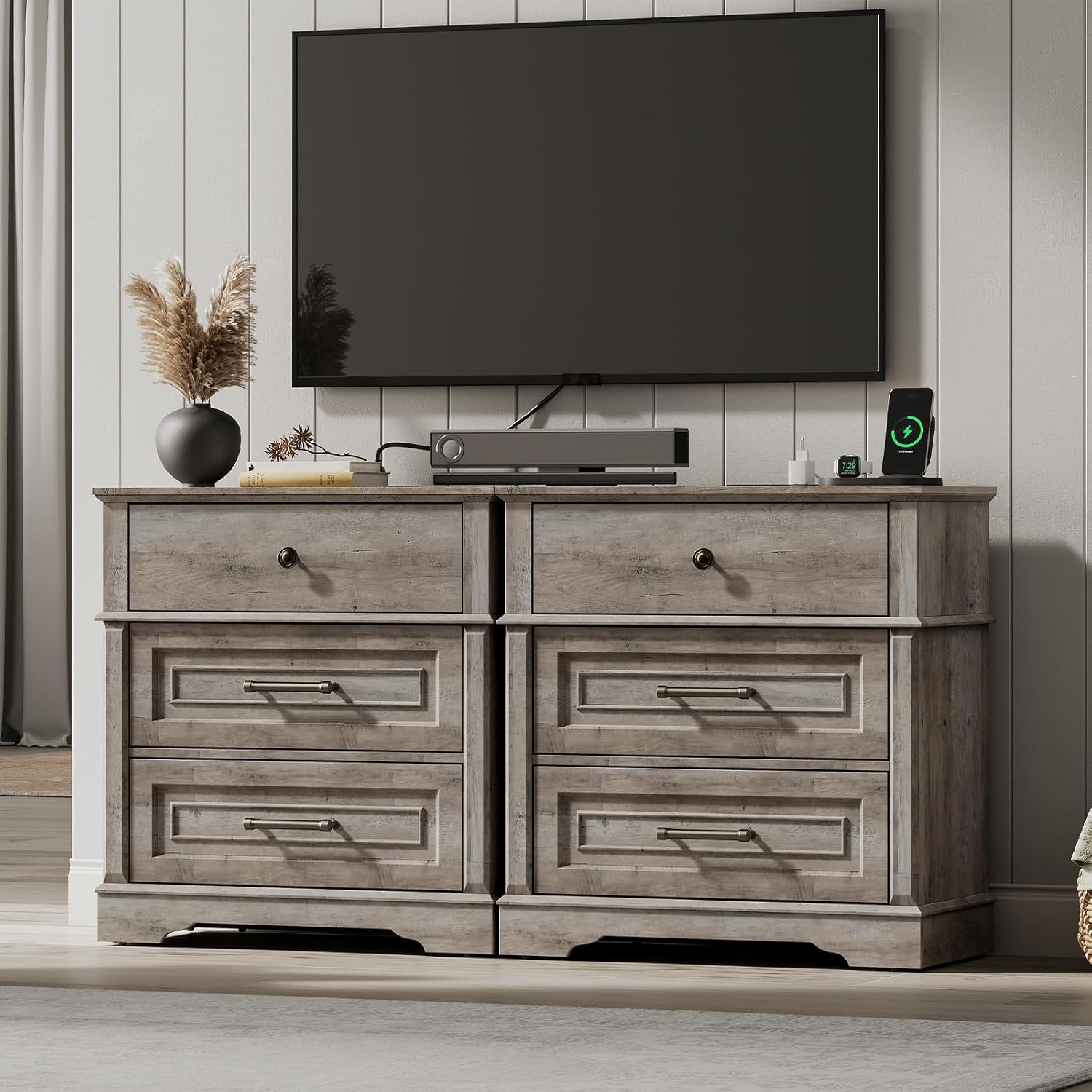 RALGEND 3 Drawer Tall Nightstand with Charging Station, Farmhouse Bedside Table, 27.6" W x 29.5" H, Wide End Table for Bedroom Living Room, End Tables with Charging Station, Greige