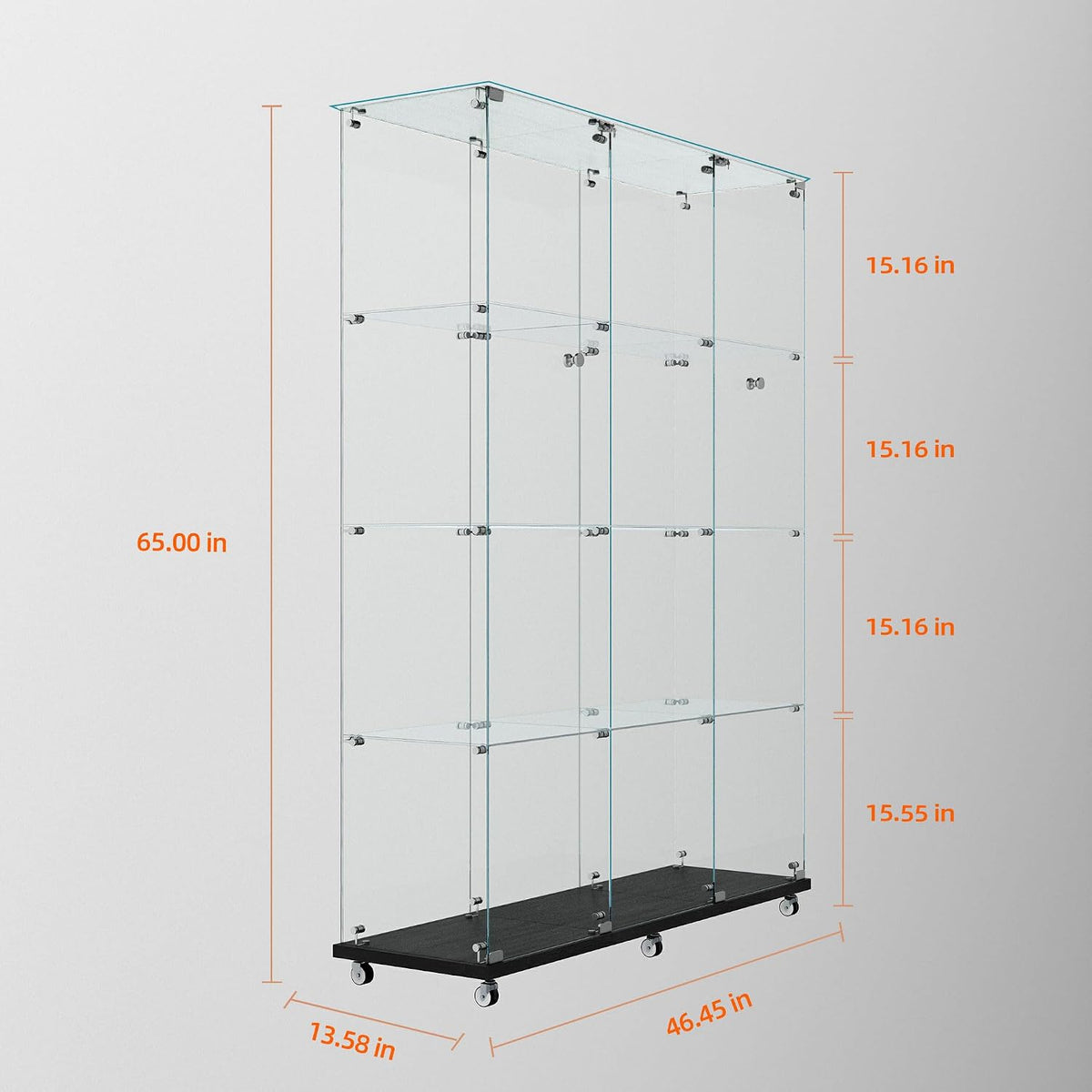 4 Tiers Glass Display Cabinet Extra Large with Bluetooth LED Light Strip, 2 Doors Floor Standing Curio Cabinet with Universal Wheel for Home, Black Glass Bookshelf for Collections, Clear Top