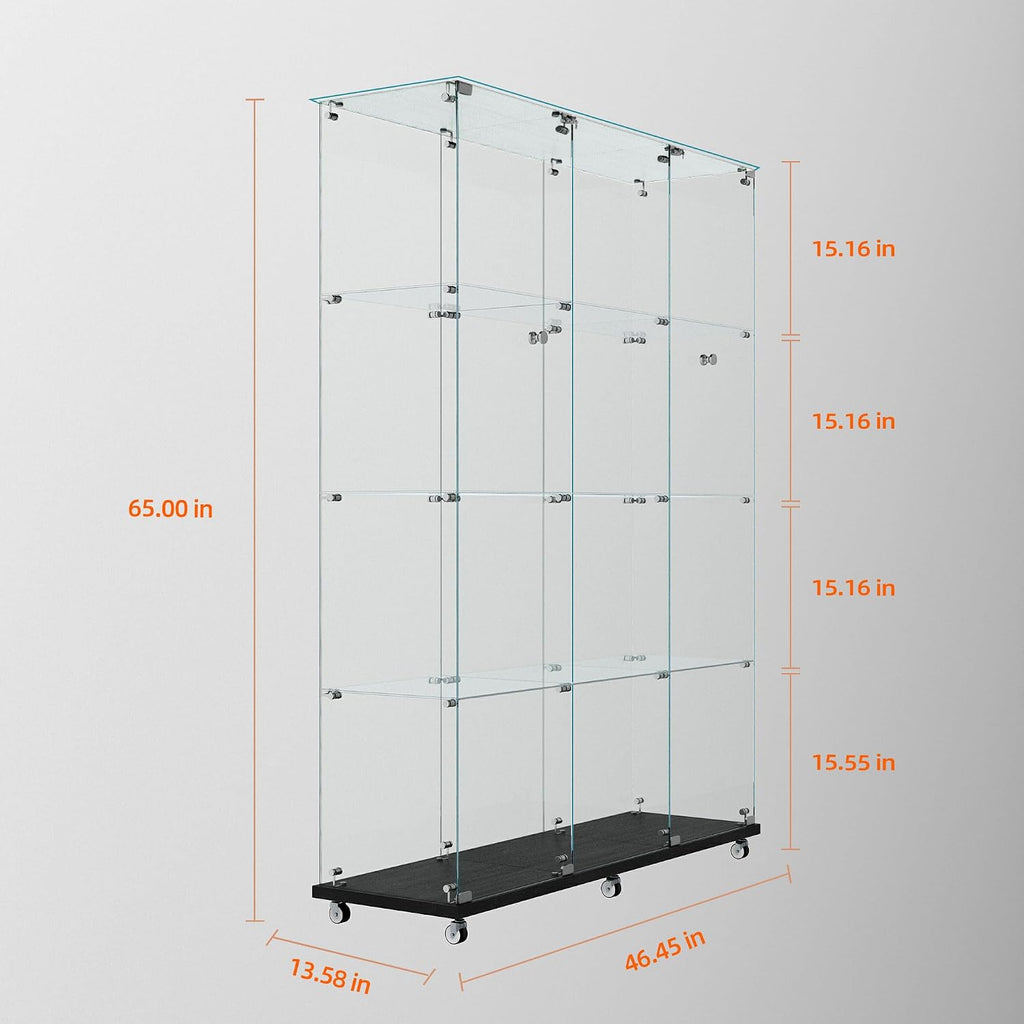 65" H 4-Shelf Glass Display Storage Cabinet with LED Lights Strip & Double Doors, Modern Curio Cabinet Collection Display Case with Lockable Casters & Lock for Living Room (Black)