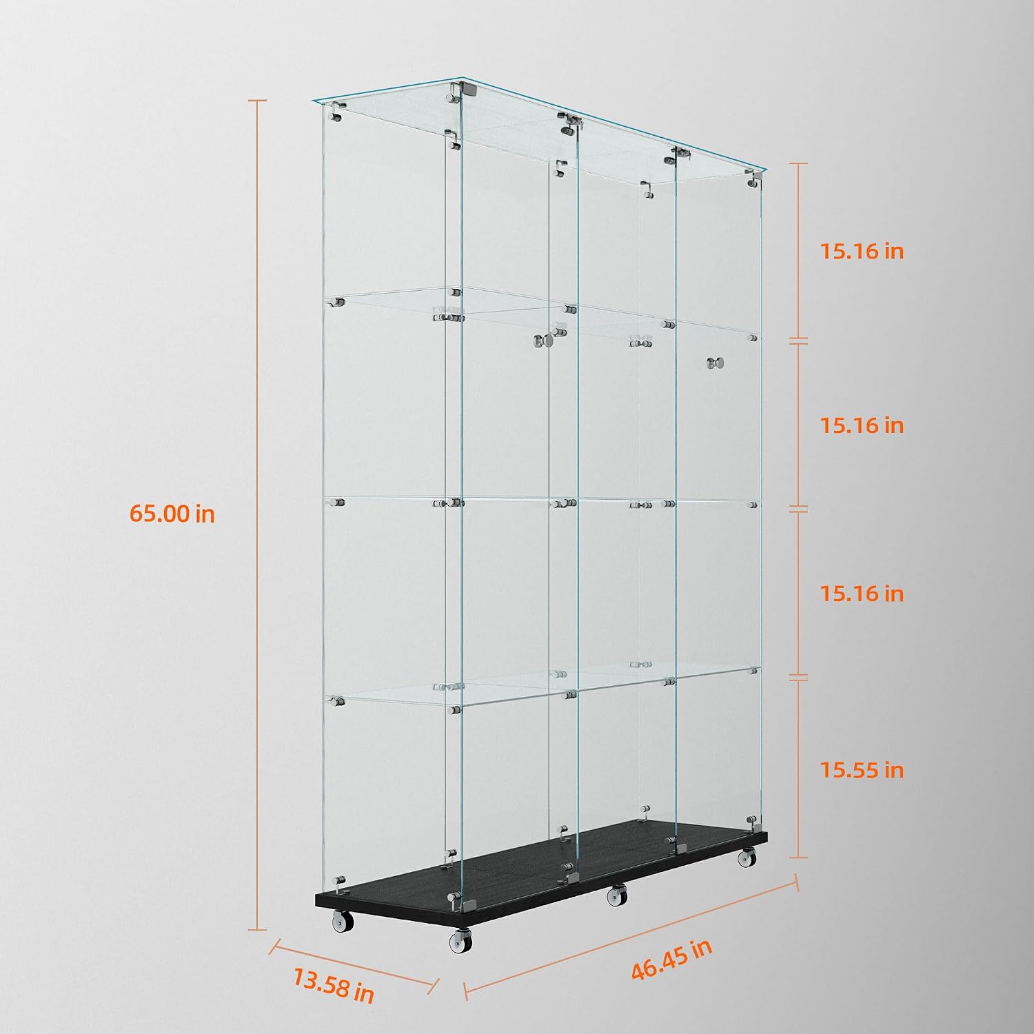 65" H 4-Shelf Glass Display Storage Cabinet with LED Lights Strip & Double Doors, Modern Curio Cabinet Collection Display Case with Lockable Casters & Lock for Living Room (Black)