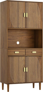 Smart FENDEE 70.87" Tall Kitchen Pantry Cabinet with Line Grooved Doors, Storage Cupboard with 2 Drawers, Adjustable Shelves & Gold Handles for Dining Room, Bathroom, Walnut
