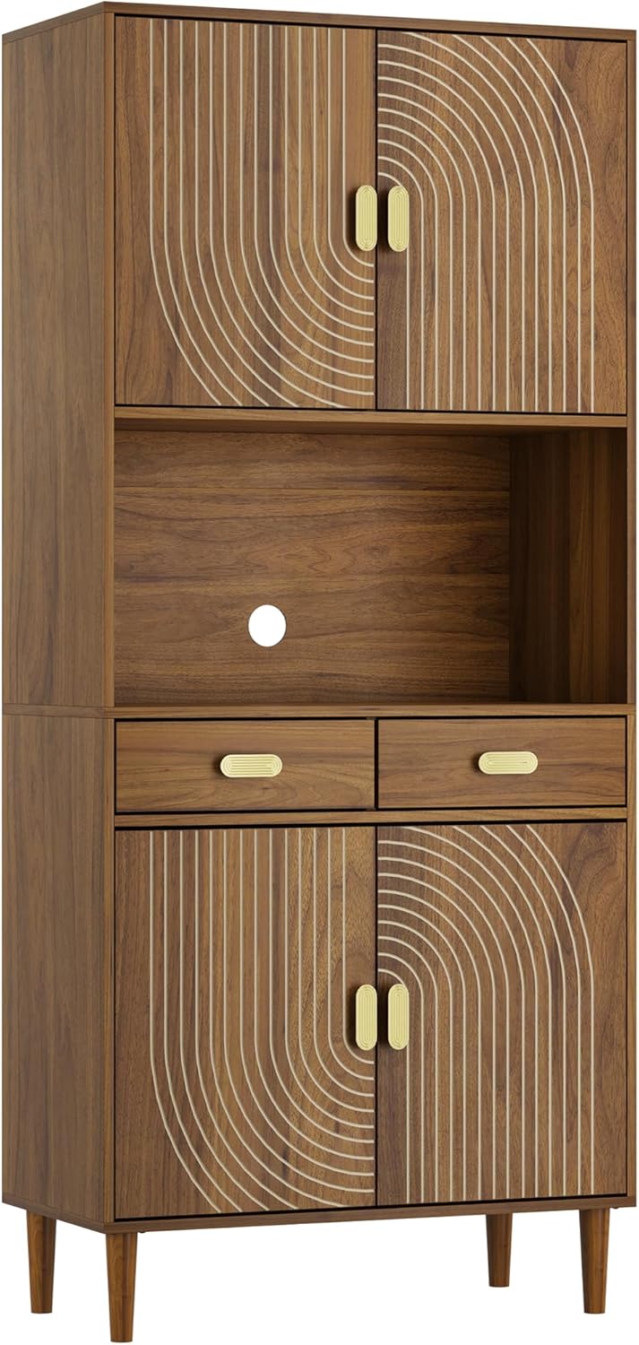 Smart FENDEE 70.87" Tall Kitchen Pantry Cabinet with Line Grooved Doors, Storage Cupboard with 2 Drawers, Adjustable Shelves & Gold Handles for Dining Room, Bathroom, Walnut