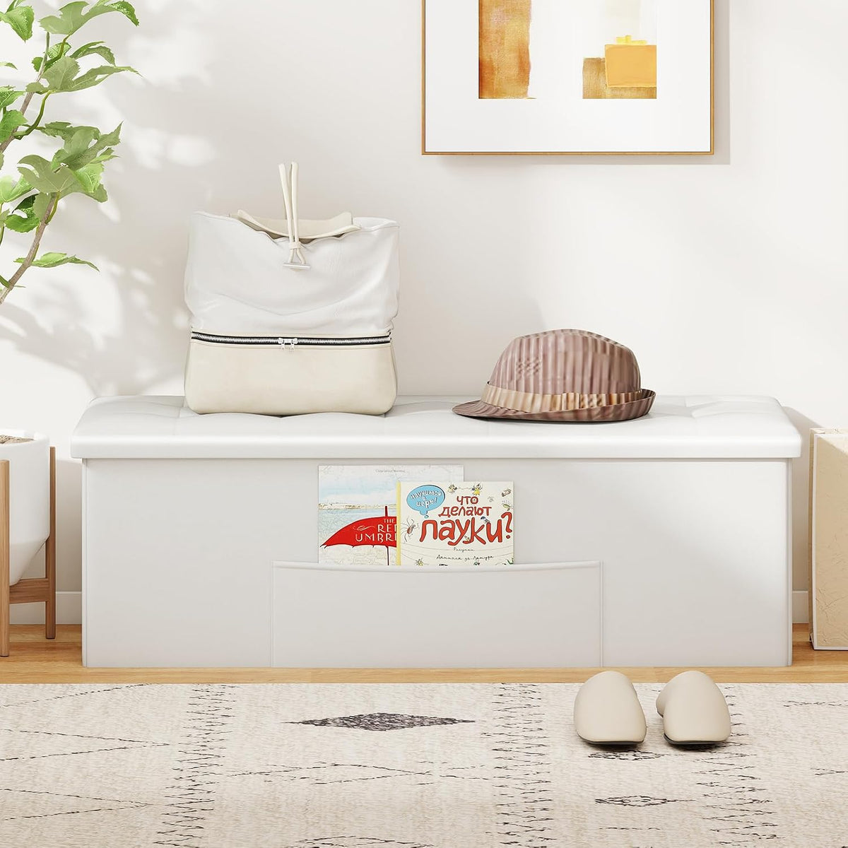GOFLAME 43 Inches Folding Storage Ottoman Bench, PU Leather End of Bed Bench with Padded Seat and Side Pocket, Large Foot Rest Stool, Storage Chest for Entryway, Living Room, Bedroom, White