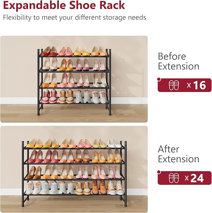 Tajsoon Expandable Shoe Rack for Closet 4 Tier, 29“-41“Adjustable & Stackable Shoe Shelf Storage, Metal Shoe Rack Organizer for Front Door Entrance, Closet, Garage, Entryway, Black
