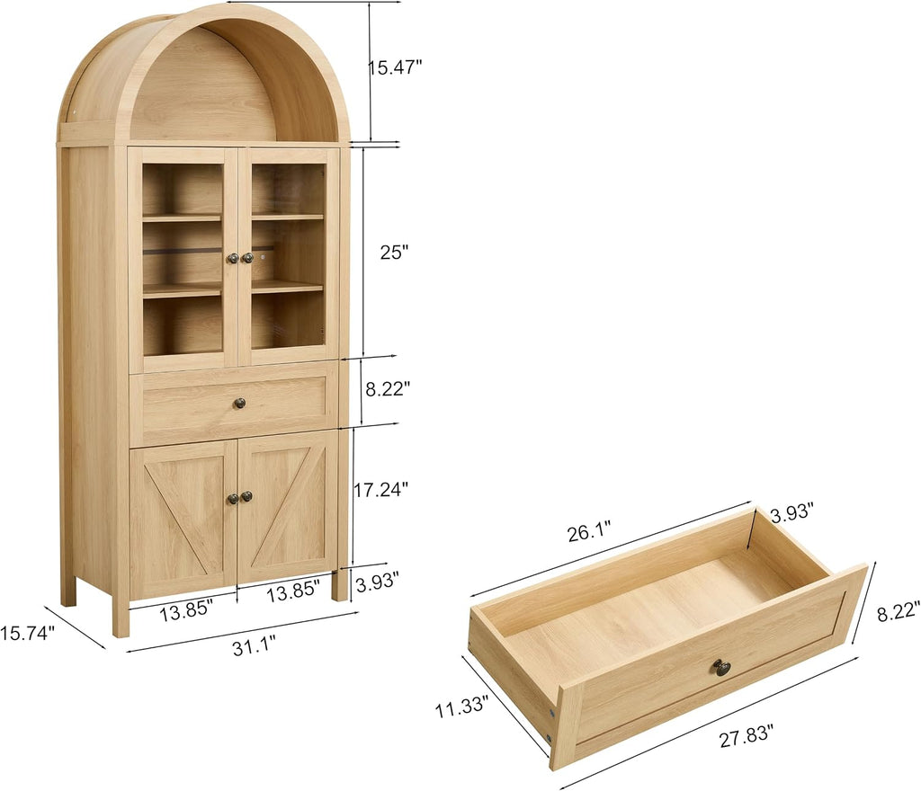 GDFStudio 71'' Arched Kitchen Pantry Cabinet, Wooden Pantry Cabinets for Kitchen Storage, Kitchen Storage Furniture with Adjustable Shelves, Multi-Functional Bookcase for Living Room, Oak