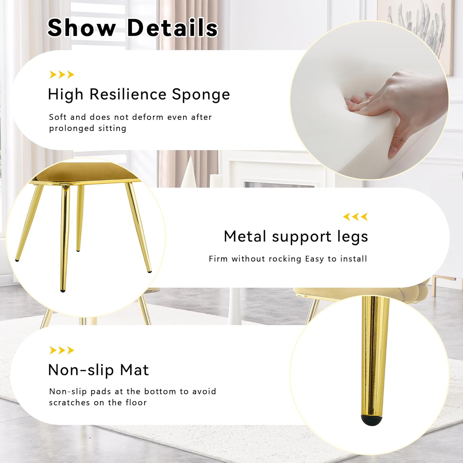 TesNus Velvet Dining Chairs Set of 2, Mustard Yellow Upholstered Velvet Chairs with Gold Metal Legs, Modern Armchairs with Curved Backrest for Dining Room, Living Room, or Makeup Vanity