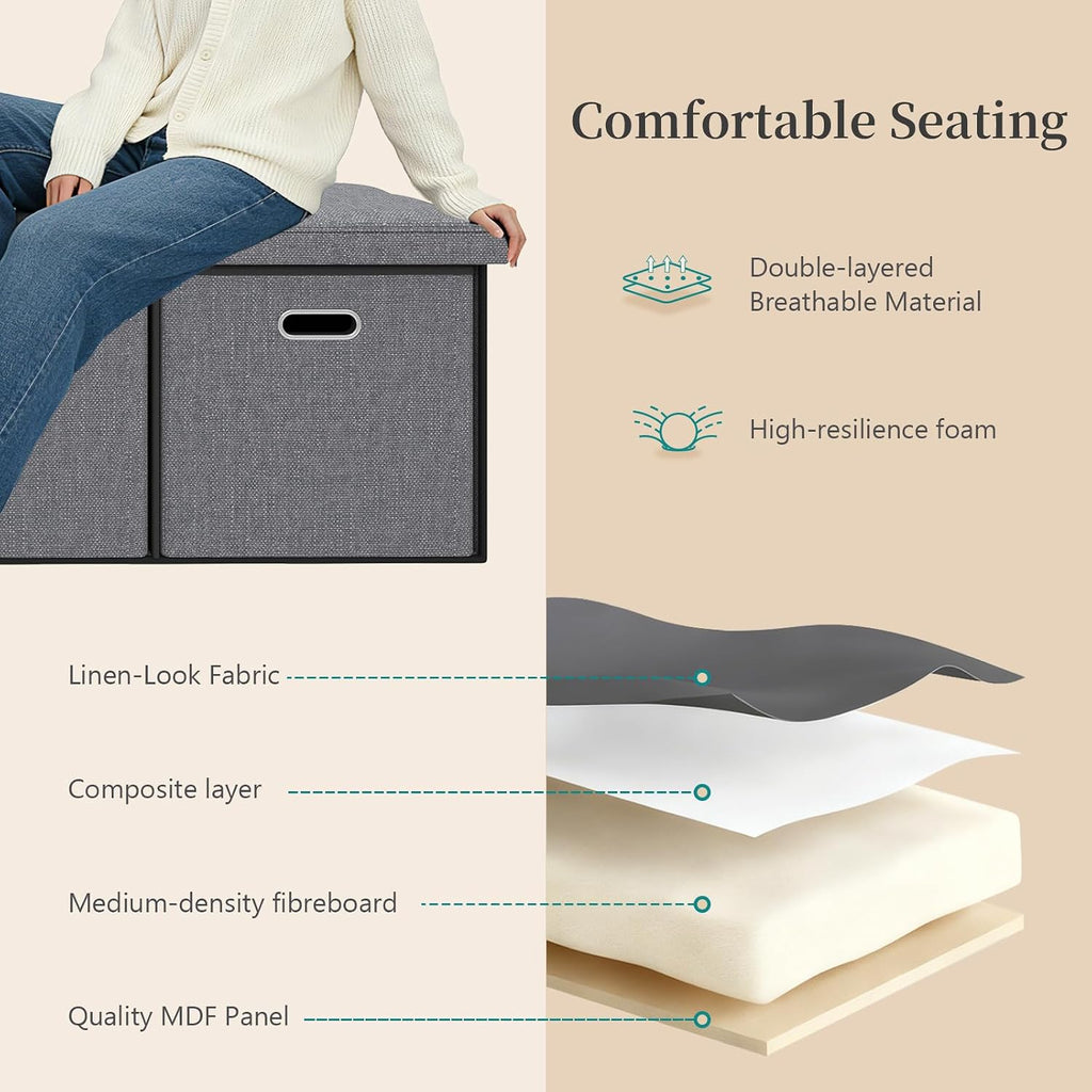 43 Inches Folding Storage Ottoman Bench with Drawers,End of Bed Foot Rest Stool with Padded Seat，Bedroom Bench for Living Room,Bedroom,Support 660lbs,Grey