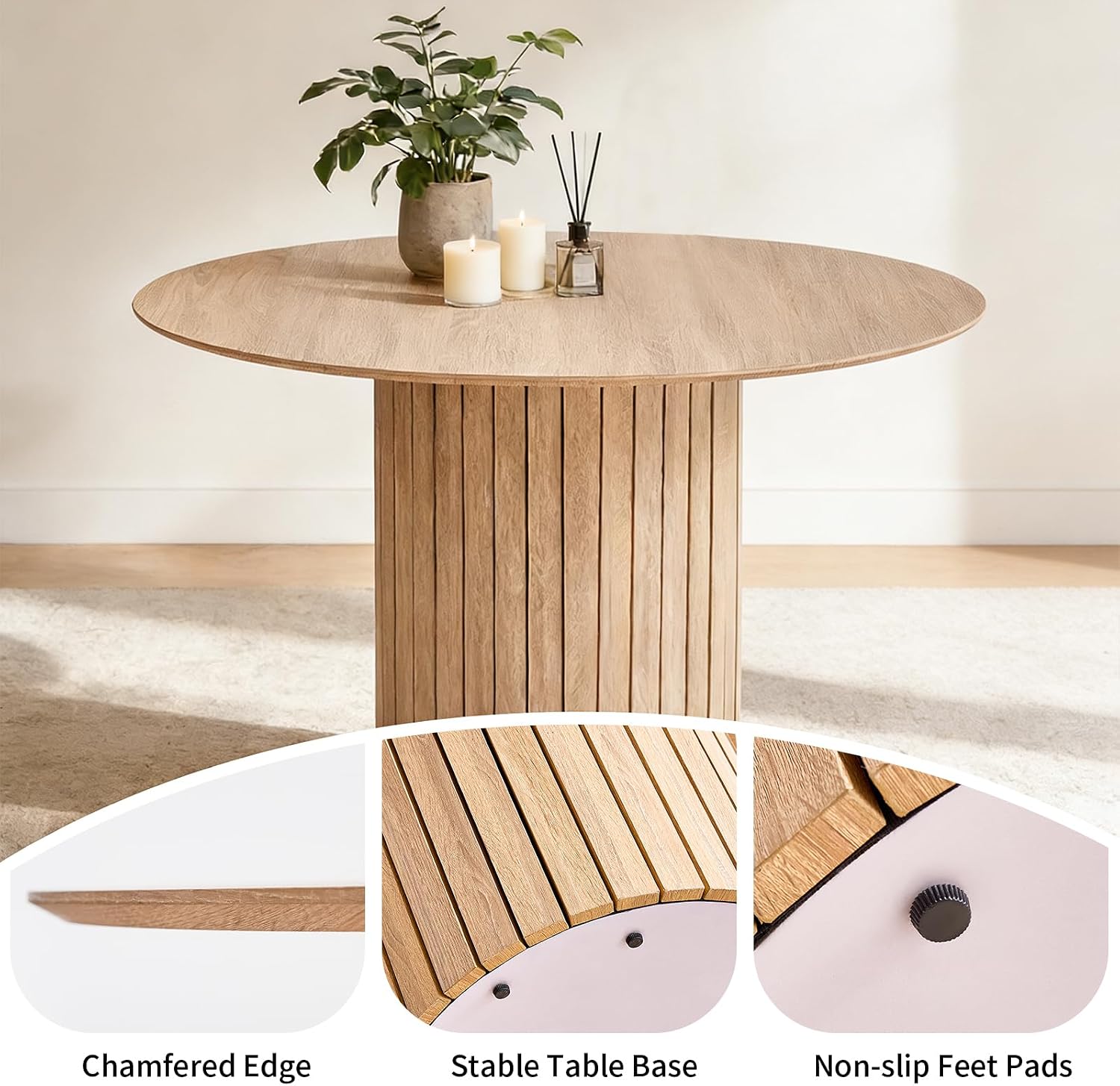47" Modern Round Dining Table for 4 with Heavy Base, Natural | Farmhouse Kitchen Table Chamfered Edge Tabletop Circle Pedestal Dinner Table for Apartment Dining Living Room, Metal Frame