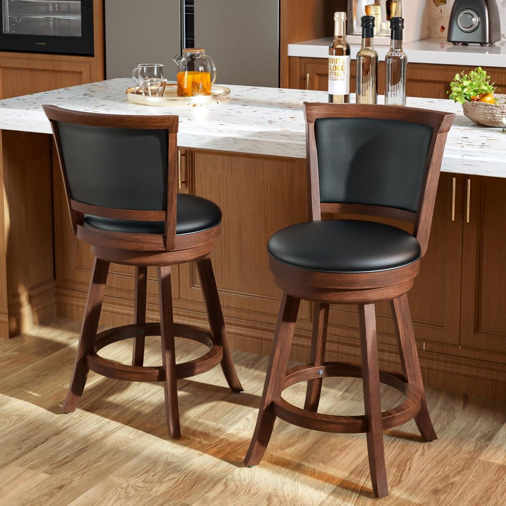 Bar Stools Set of 2, Farmhouse 24" Counter Height Barstools, Brown | Upholstered Leather Cushion&Backrest, Solid Wood Legs & Footrest, 360-degree Swivel Seat