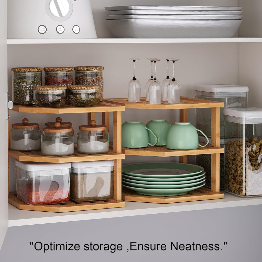 VERTORGAN 3 Tier Bamboo Corner Shelf(2 Pack),Plate Organizer,Dish Drying Rack,Kitchen Spice Rack for Countertop and Cabinet