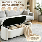 Oval White Velvet Storage Ottoman Bench, 48.8" | Velvet Upholstered Ottoman Bench with Storage, Safety Hinge, Foot Rest for Living Room, Bedroom, Small Apartment